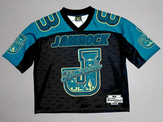 Teal and black sports jersey with 'Jamrock' branding on a white background